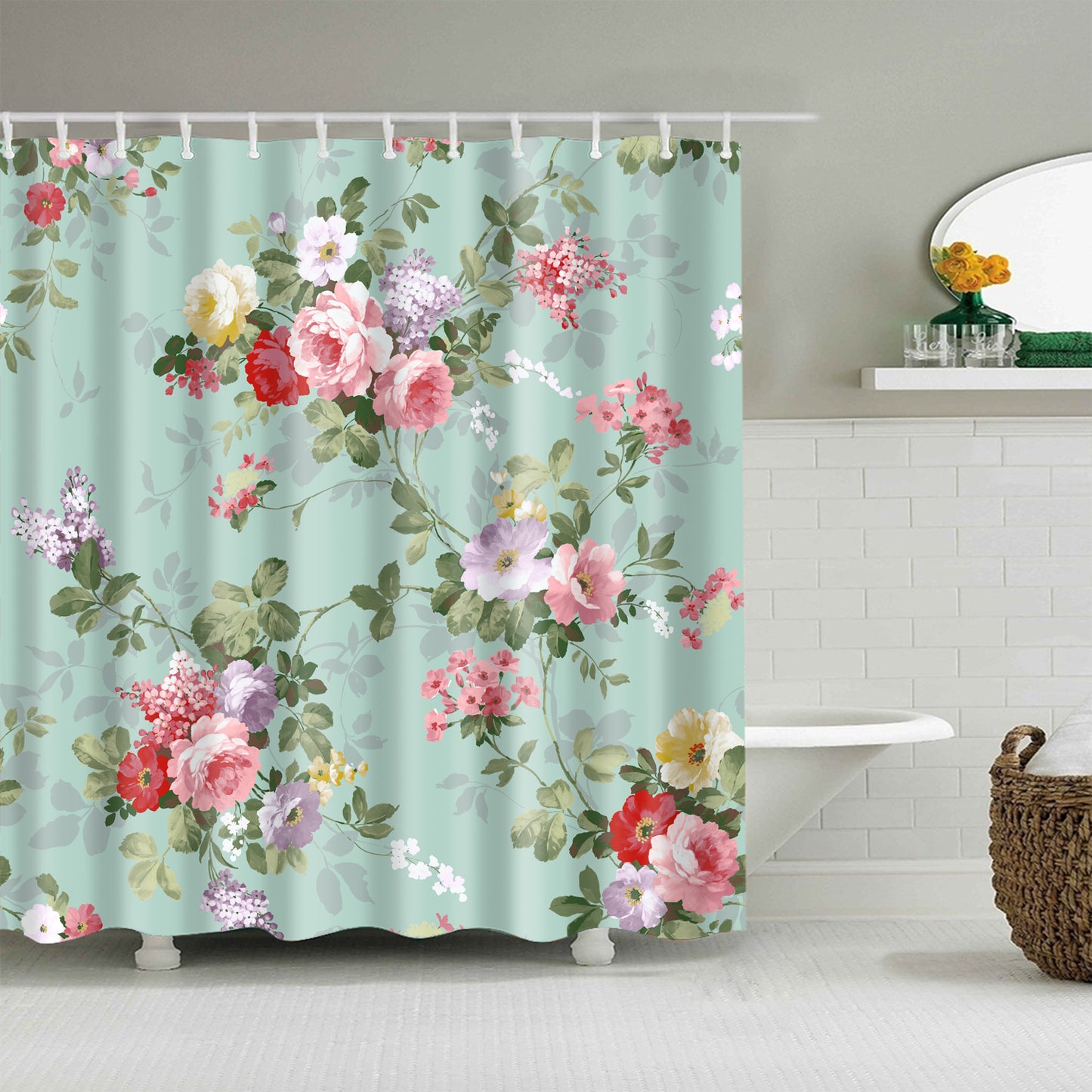 Teal Backdrop Pink Rose Flower Shower Curtain