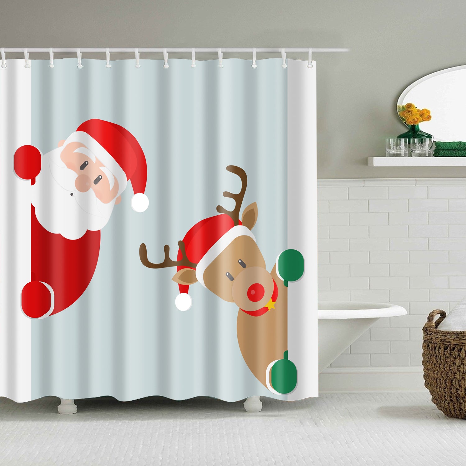 Teal Backdrop Santa with Reindeer Shower Curtain