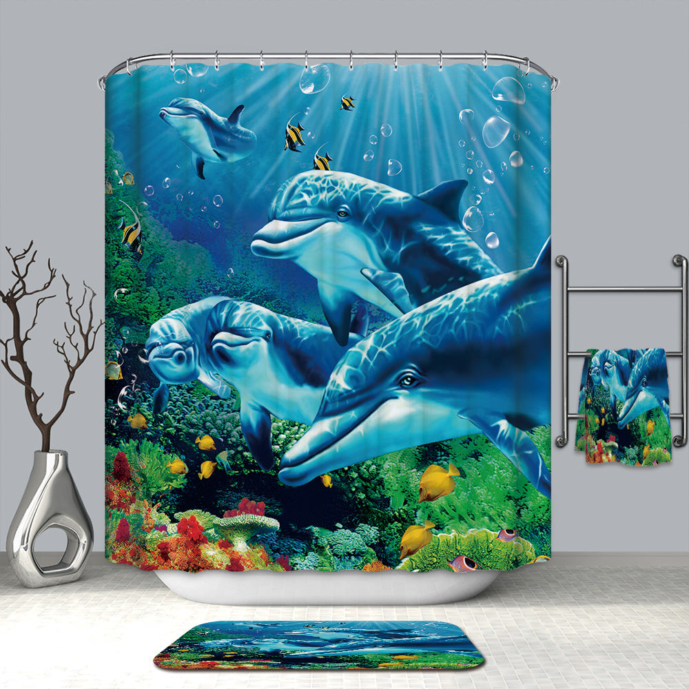 Tropical Fish Coral Blue Ocean Groups of Dolphin Shower Curtain