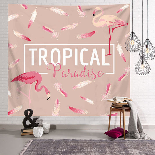 Tropical Pink Flamingo with Feathers Tapestry