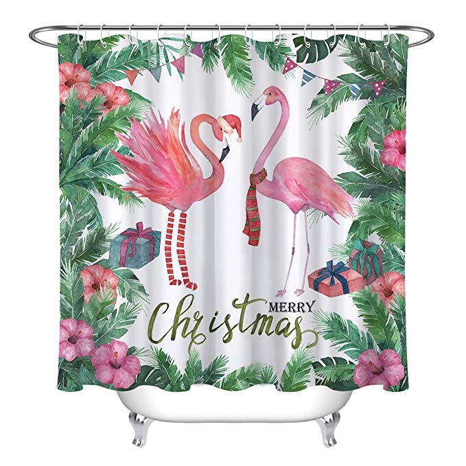 Tropical Plam Tree Pink Christmas Flamingo Shower Curtain