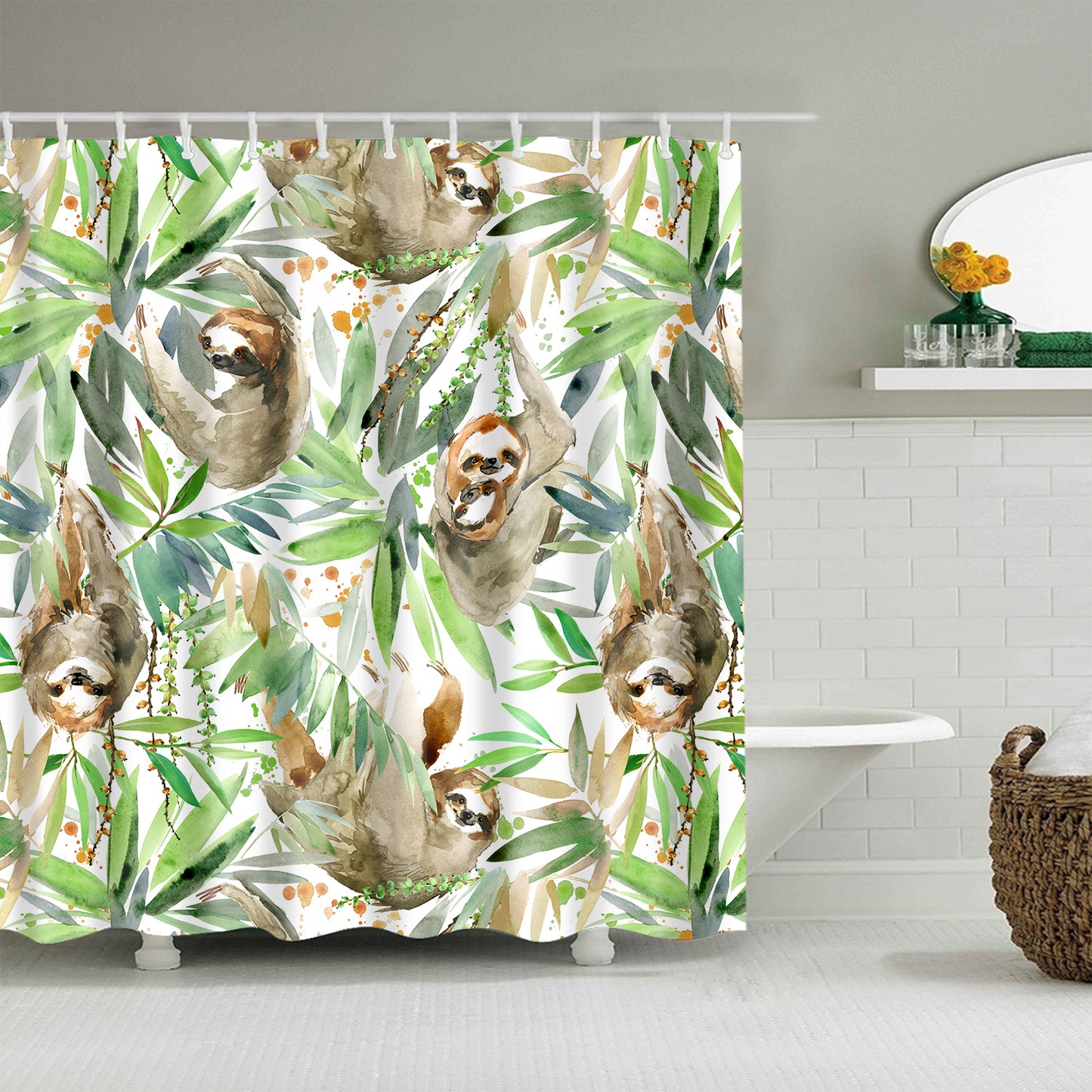 Tropical Plant with Watercolor Sloth Shower Curtain