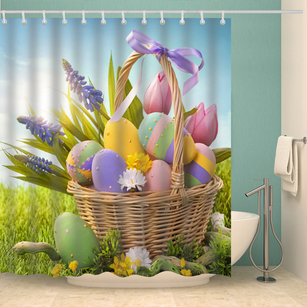 Tulip Lavender Flowers with Easter Eggs in Basket Shower Curtain