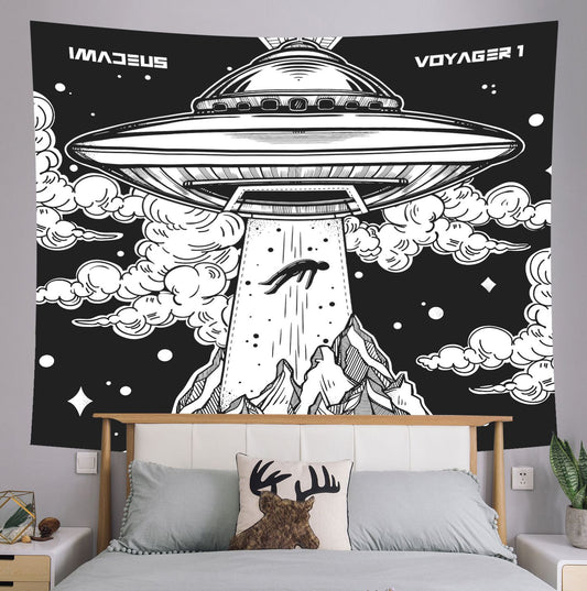 Ufo Landing with Man Tapestry Black White Alien