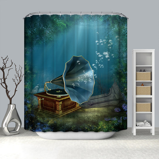 Underwater Scenery With an Old Phonograph Shower Curtain