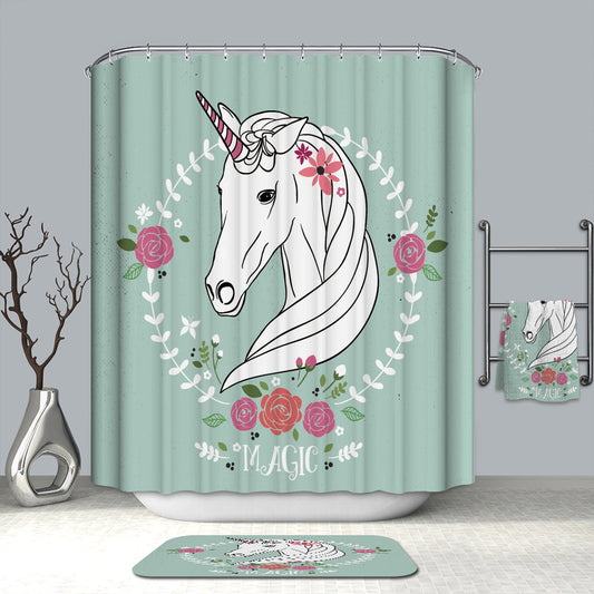 Unicorn with Flowers Magic Girls Shower Curtain