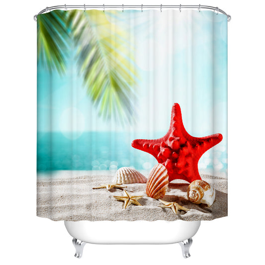 Unique Red Starfish with Seashell Sandy Tropical Beach with Palm Tree Blue Sky Shower Curtain