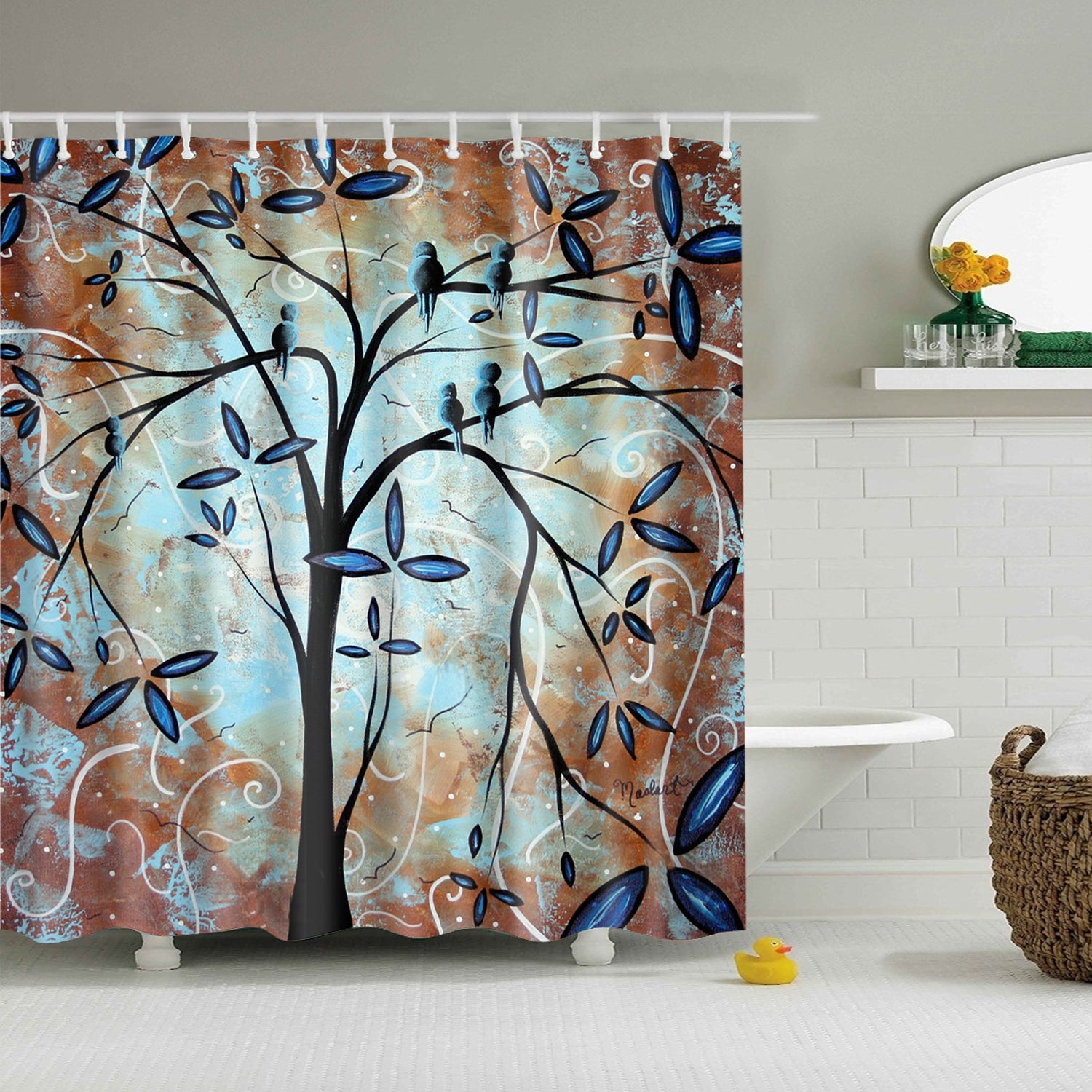Blue Brown Tree Shower Curtain Birds With Branches Art Fall Bathroom Decor Accessories Gojeek
