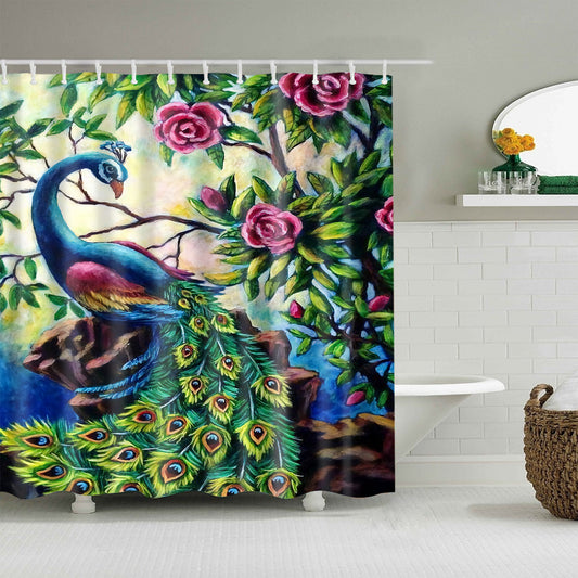 Unique Colorful Painting Peacock with Rose Shower Curtain