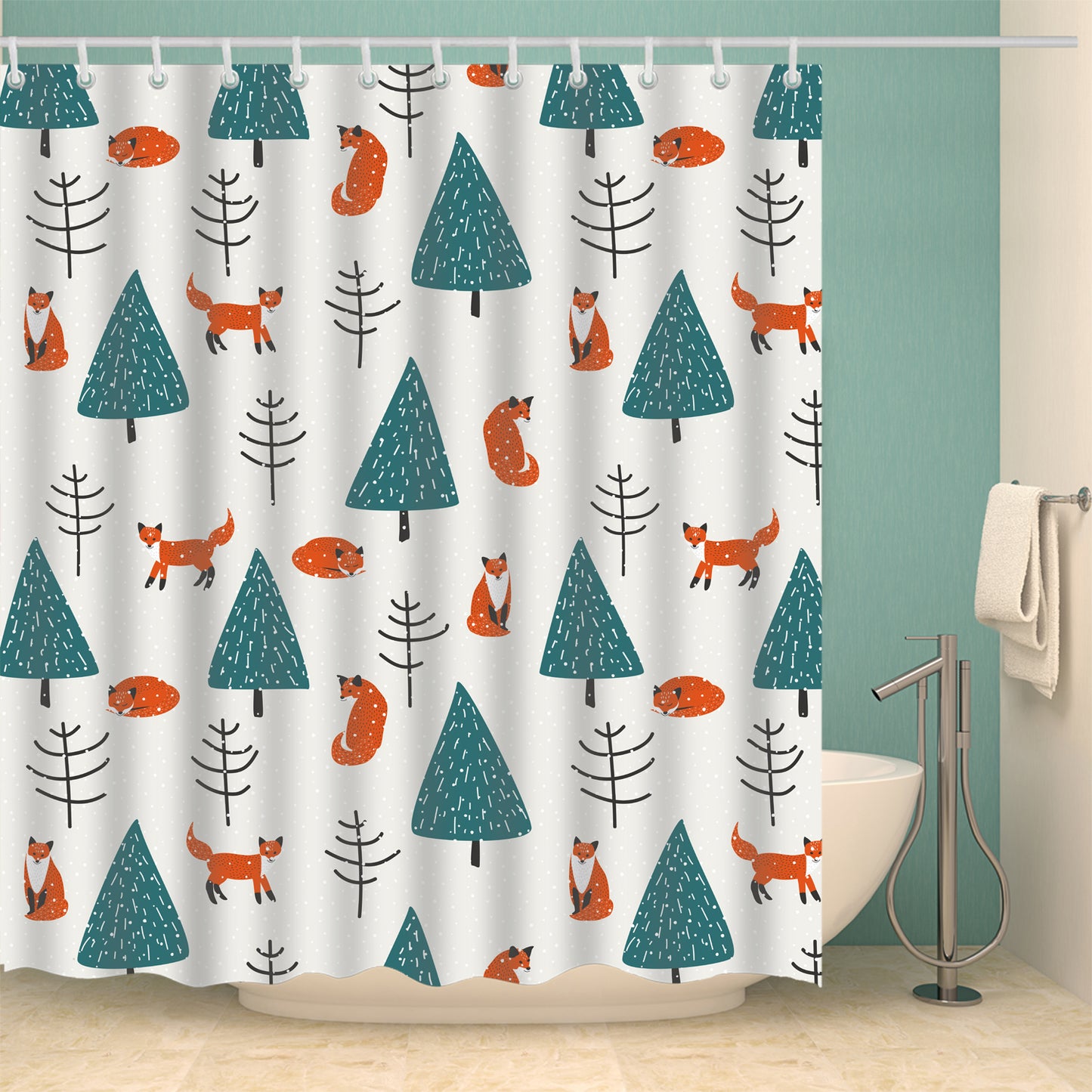 Unique Cute Fox with Trees Design Christmas Shower Curtain