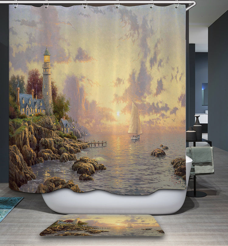 Village Lighthouse Boat Painting Shower Curtain