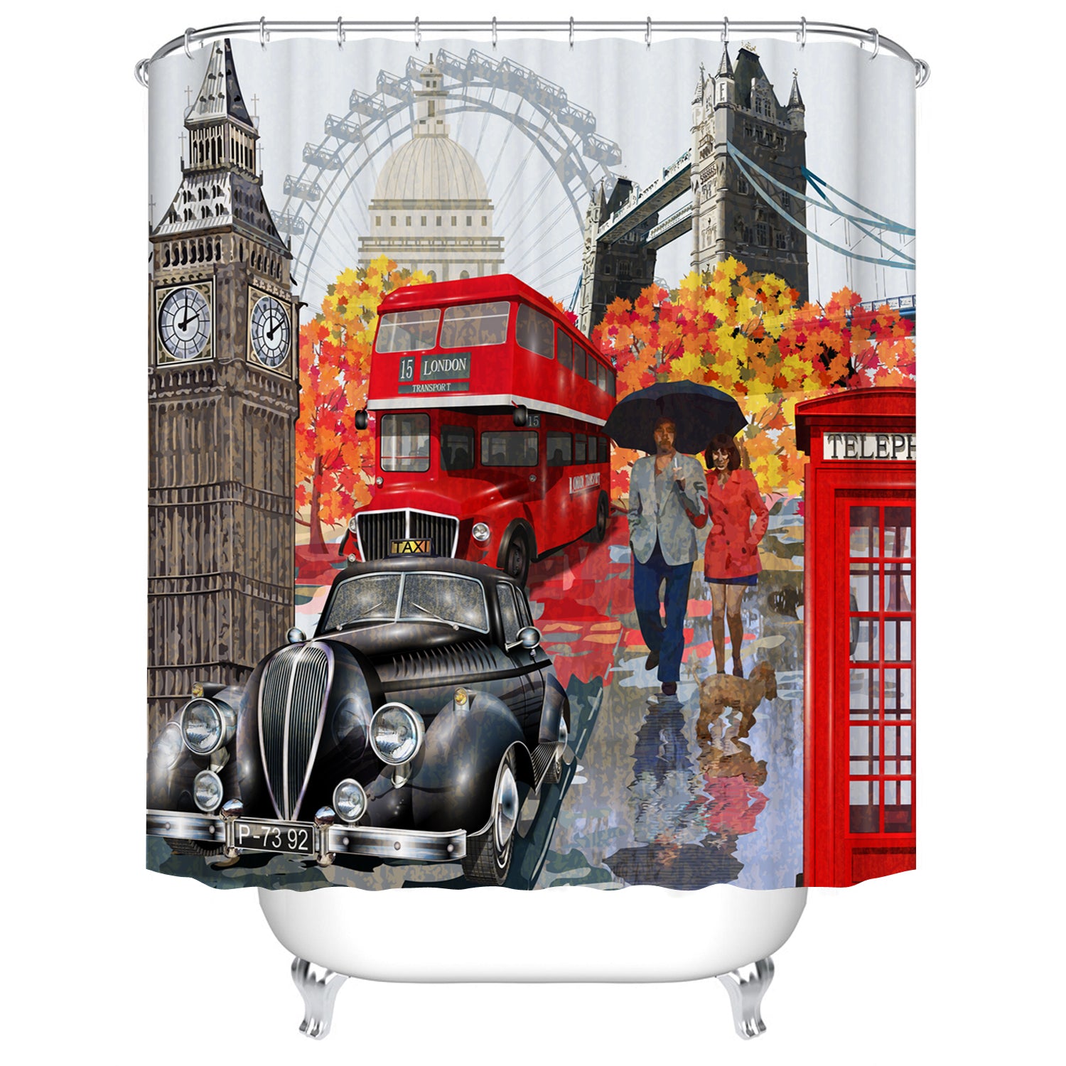 Vintage London City Collage Bus Telephone Booth Travel Shower Curtain