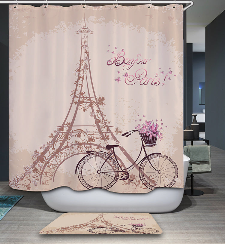 Vintage Bonjour Paris Eiffel Towel Girly Pink Postal Shower Curtain