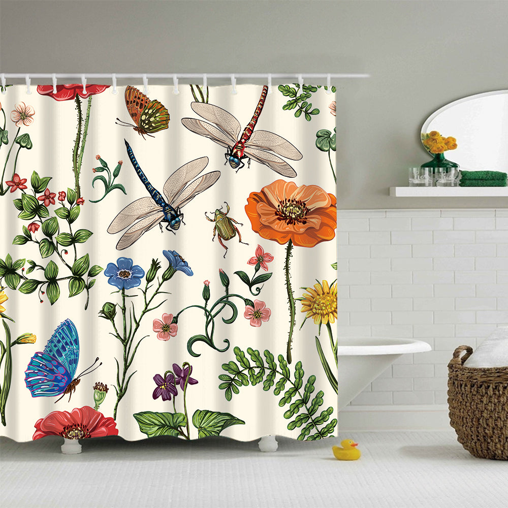 Vintage Botanical Insects with Flowers Beetles Nature Plants Shower Curtain