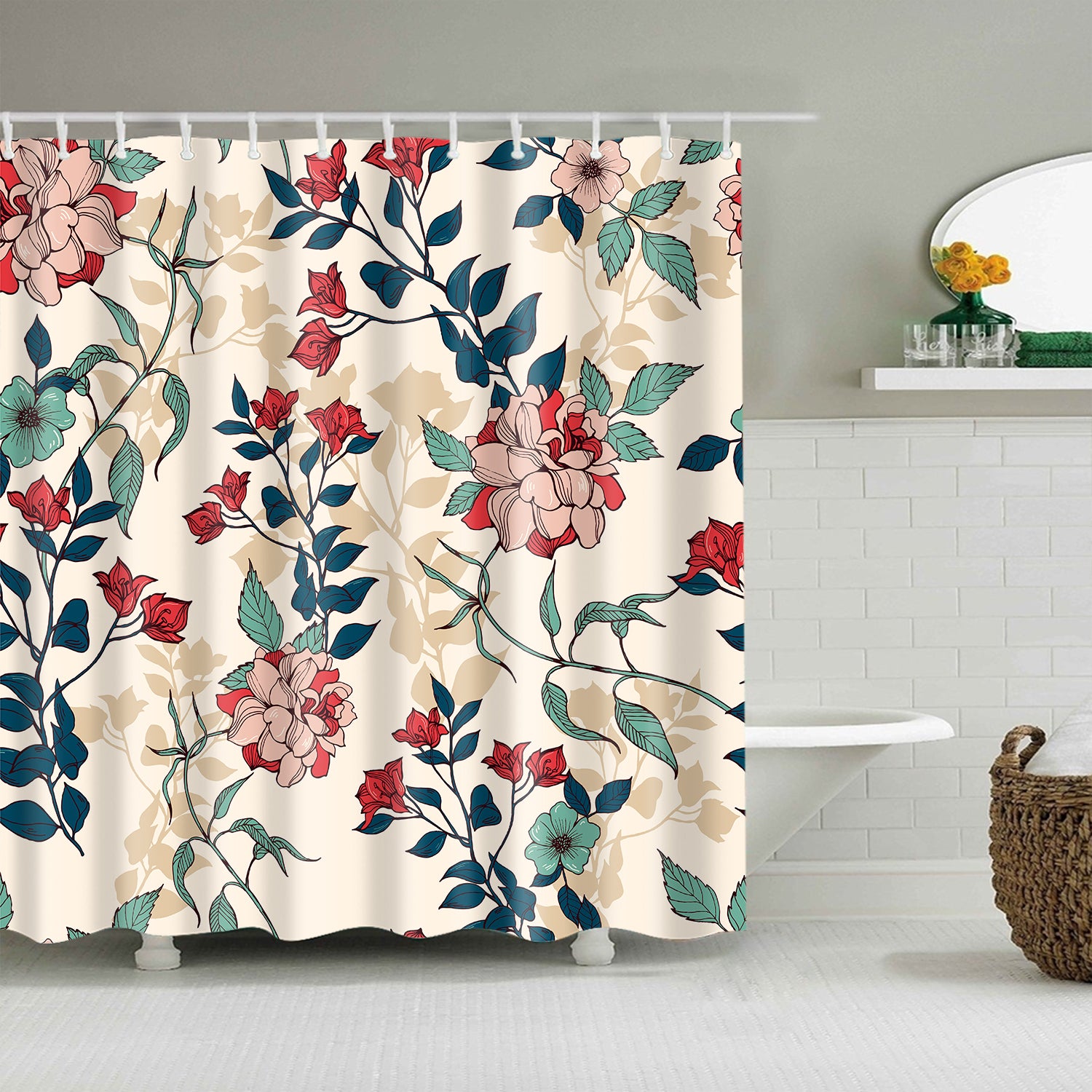 Vintage Botanical Romantic Rose Floral Foliage Shower Curtain