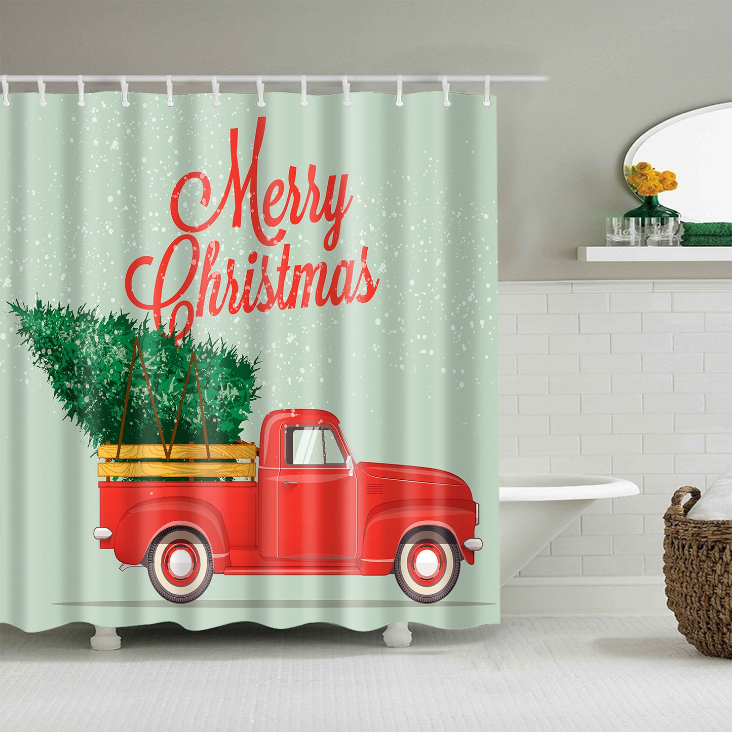Vintage Christmas Retro Pickup Truck with Christmas Tree Shower Curtain