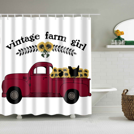 Vintage Farm Style Animal Sunflower Red Truck Farmhouse Girl Shower Curtain