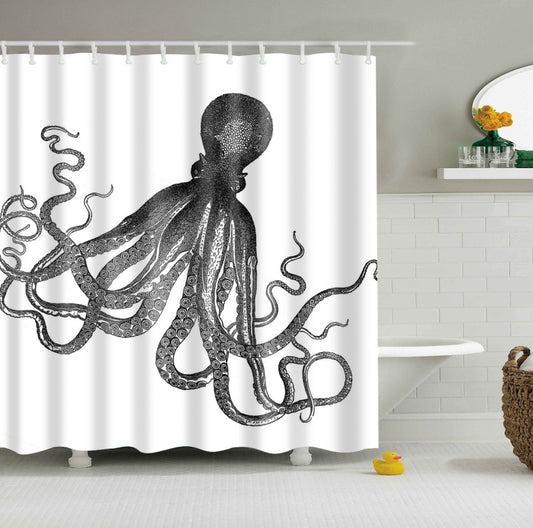 Vintage Octopus Shower Curtain Black and White Bath Decor | GoJeek