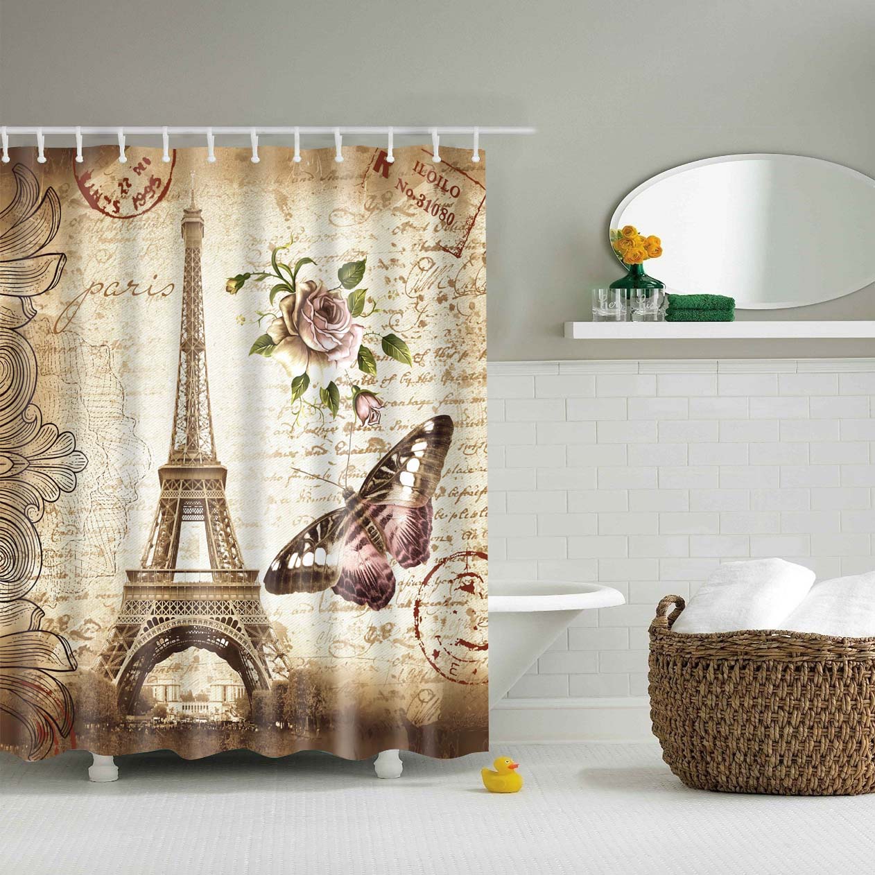 Vintage Paris Eiffel Tower and Butterfly Shower Curtain | GoJeek