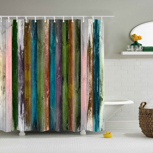 Vintage Rainbow Color Print Woodgrain Shower Curtain
