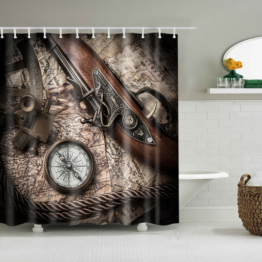 Vintage Still Life with Compass Sextant And Old Map Shower Curtain