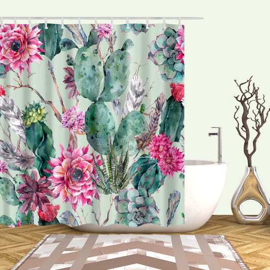 Vivid WaterColor Cactus with Floral Shower Curtain