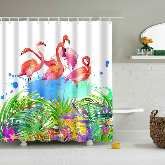 Watercolor Bird Palm Banana Leaf Tropical Flamingo Shower Curtain