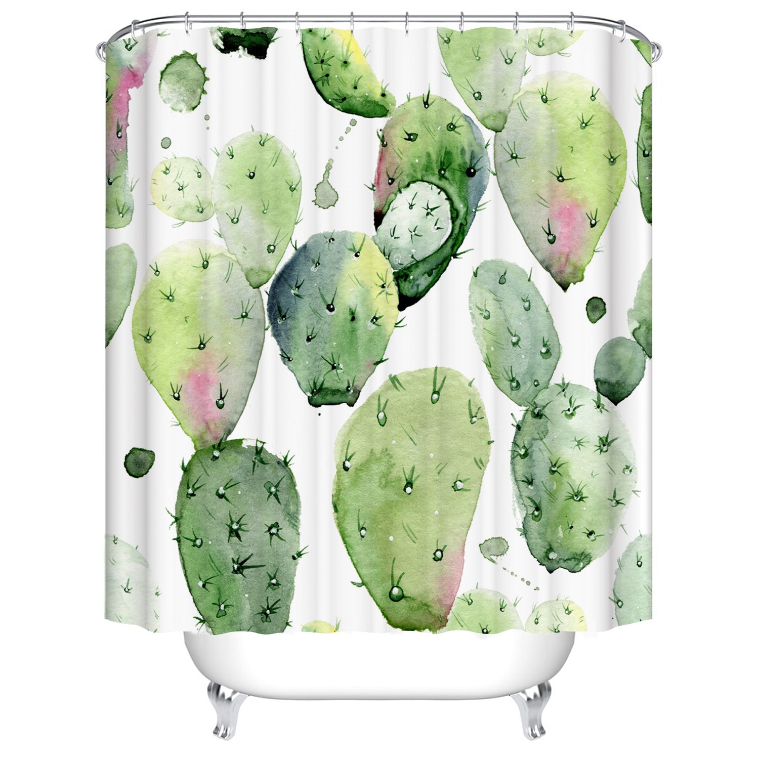 Watercolor Green Desert Spiny Plant Tropical Cati Flowers Mexican Cactus Shower Curtain