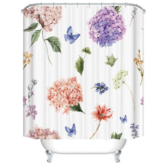Watercolor Hydrangea Dandelion Spring Flowers Blue Butterfly Shower Curtain