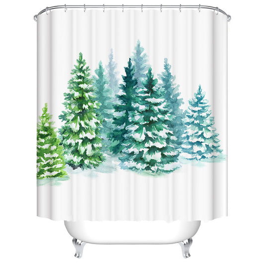 Watercolor Painting White Backdrop Green Xmas Trees in Forest Christmas Tree Shower Curtain