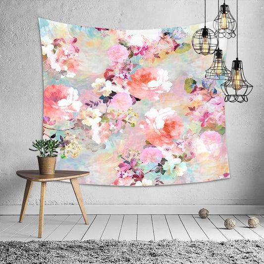 Watercolor Pink Rose Flowers Plant Tapestry