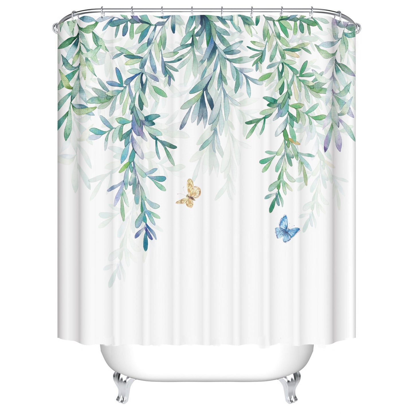 Watercolor Sage Green Eucalyptus Leaves with Butterfly Spring Plant Shower Curtain