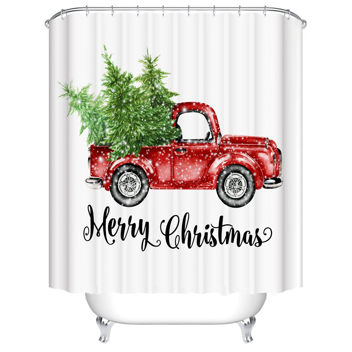 Watercolor Snowy Carrying Xmas Trees Retro Red Christmas Truck Shower Curtain