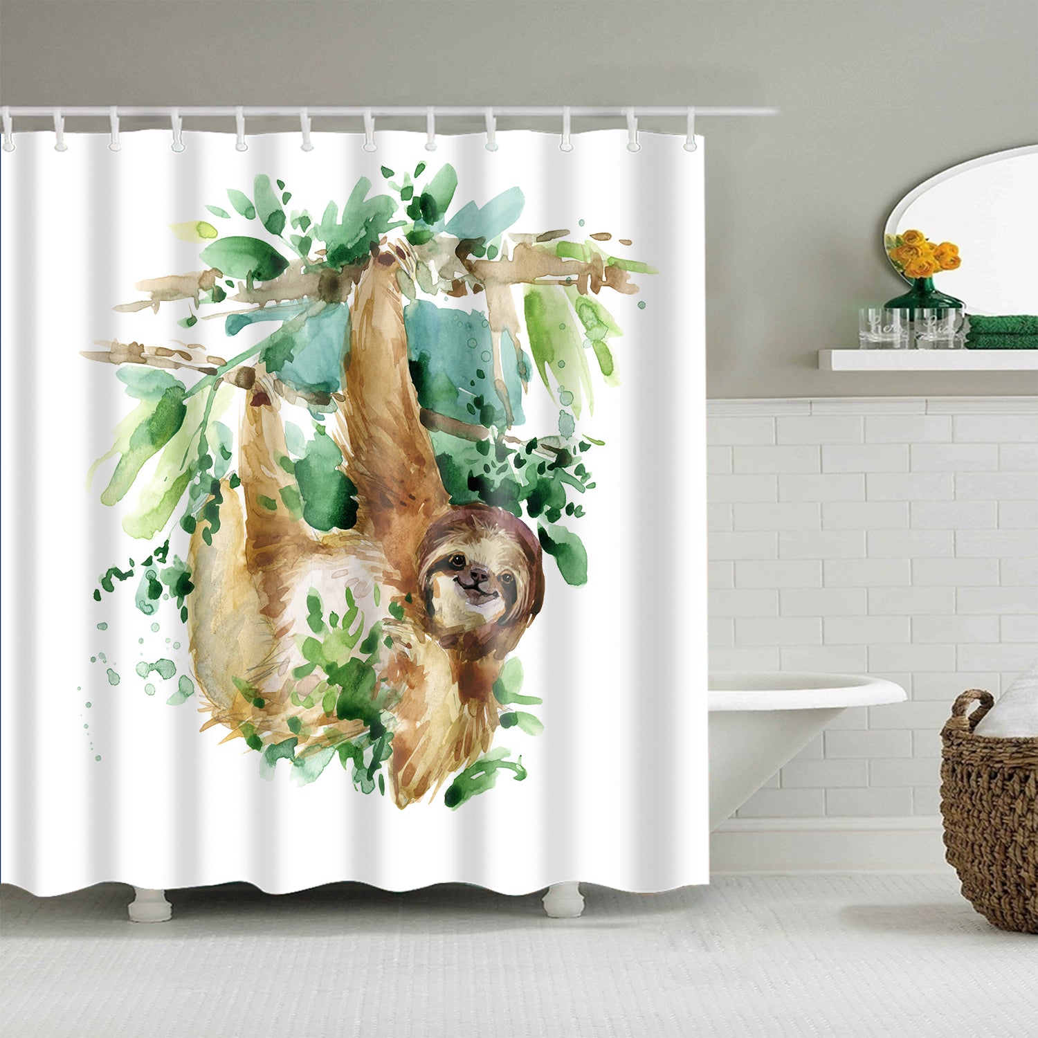 Watercolor Drawing Tropical Hanging Sloth Shower Curtain