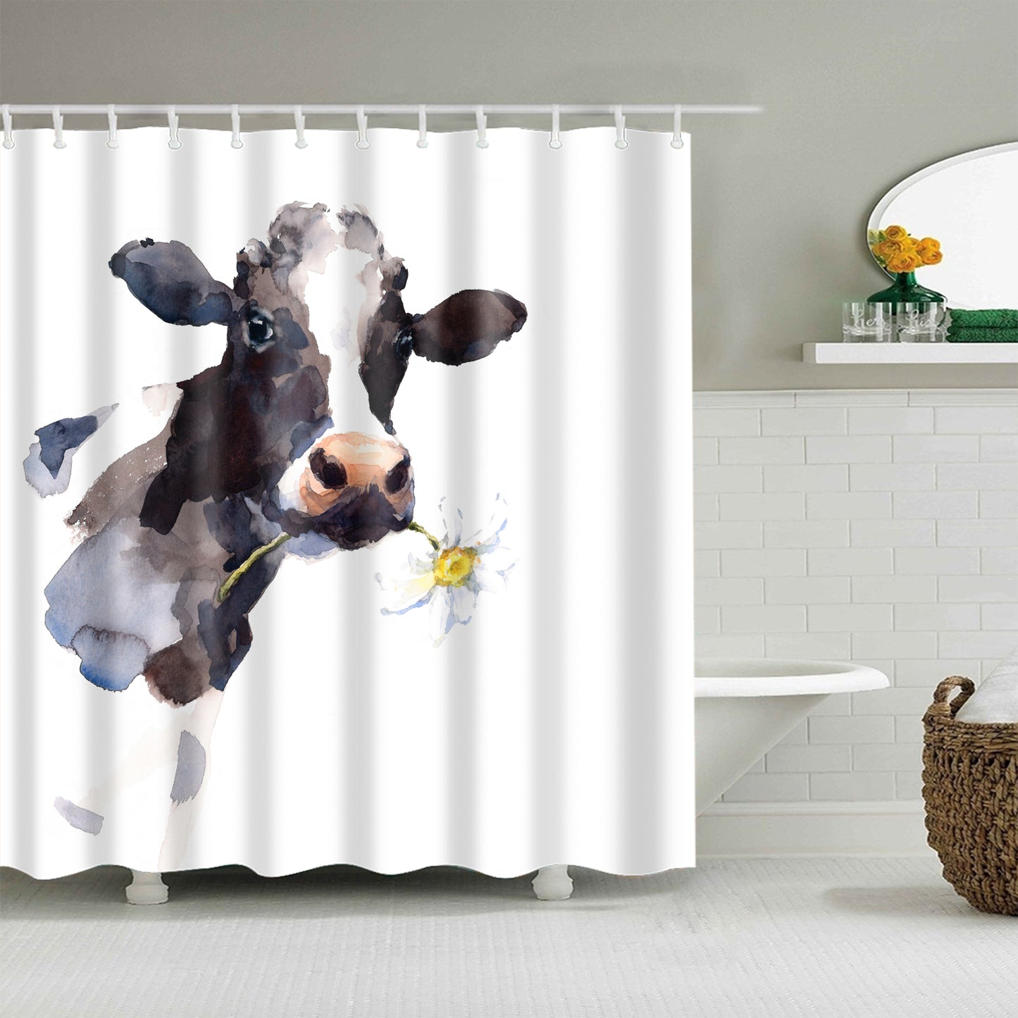 Watercolor Farm Animals Cattle Daisy Cow Head Shower Curtain