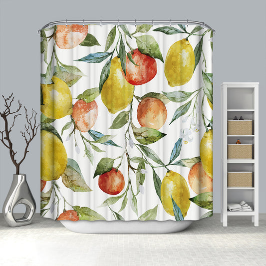 Watercolor Ink Art Seamless Orange Lemon Fruit Leaves Shower Curtain