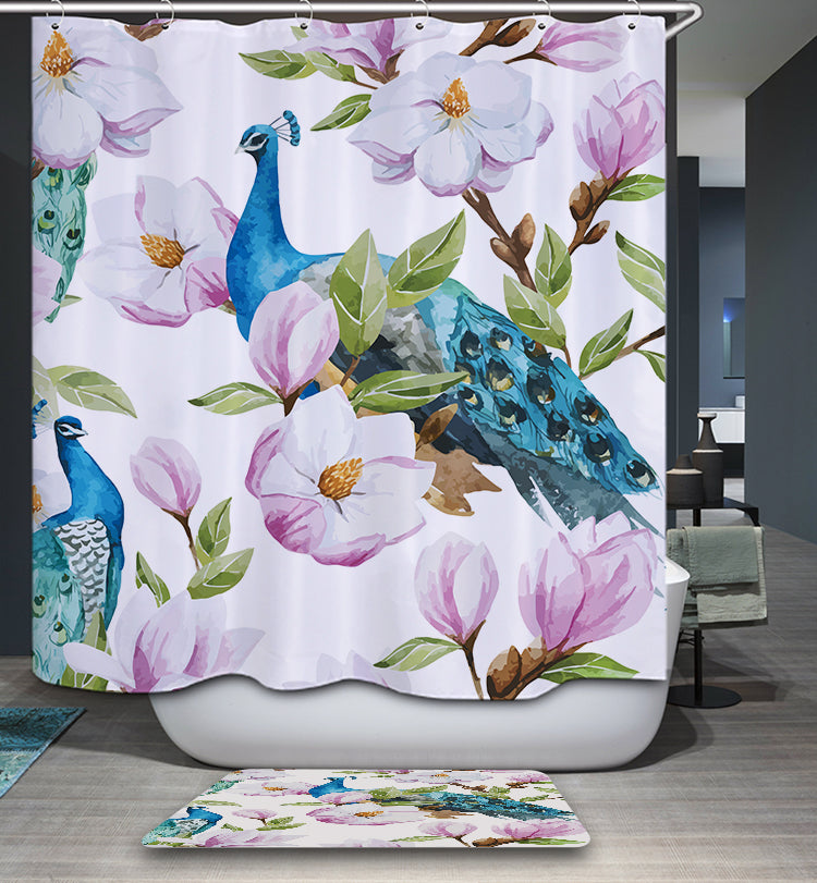 Watercolor Magnolia Flower Peacock Shower Curtain