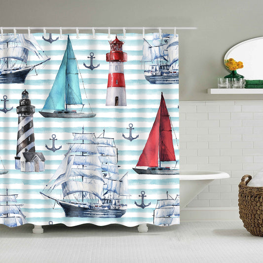 Watercolor Nautical Seascape Various Boats Anchor Lighthouse Shower Curtain