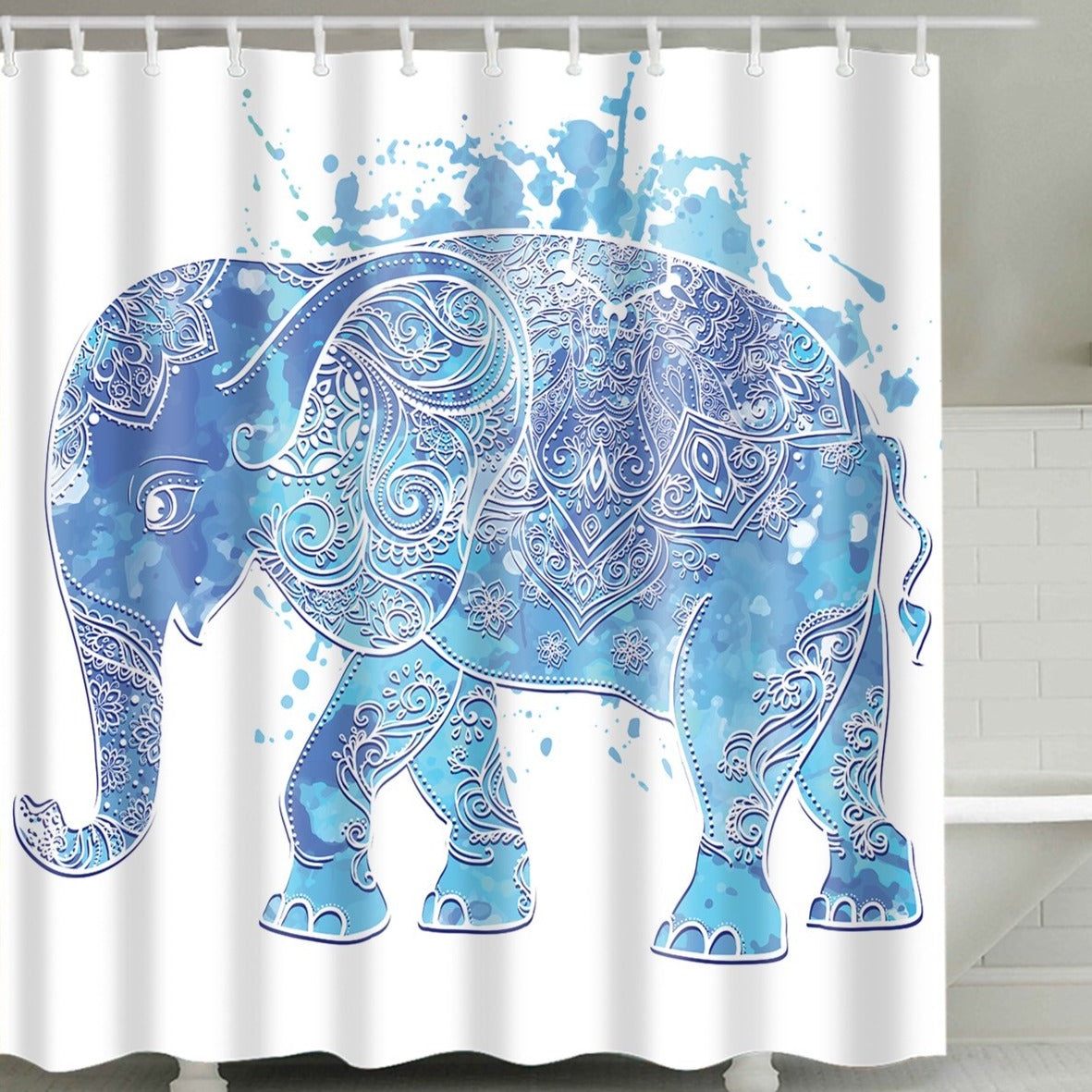 Watercolor Painting Indian Bohemian Blue Elephant Shower Curtain