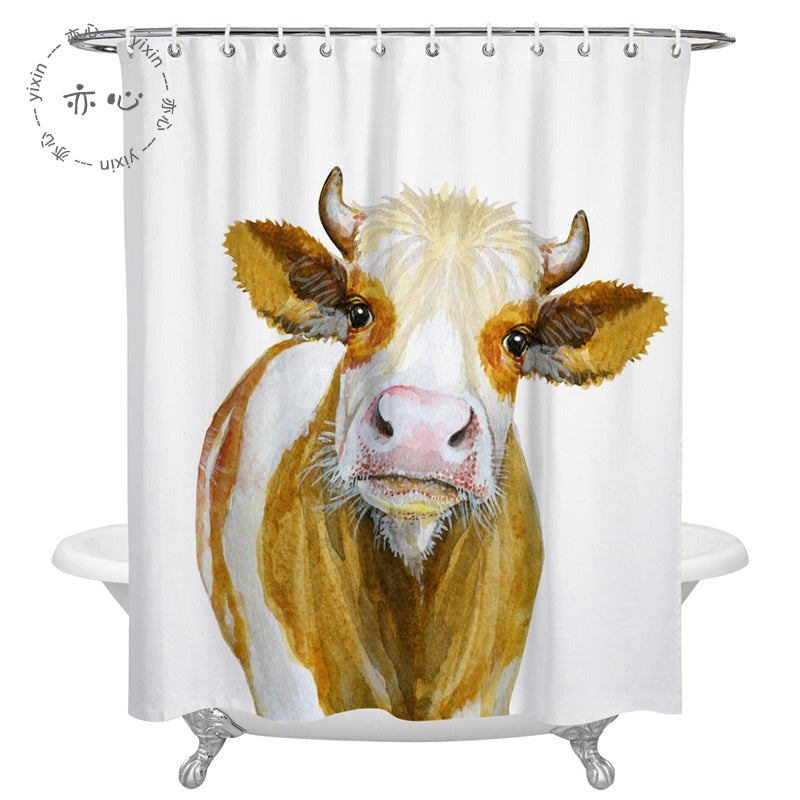 White Backdrop Watercolor Cattle Cow Print Shower Curtain