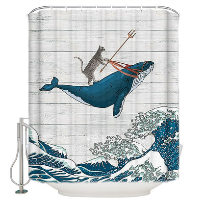 Great Waves Cat Riding Whale Shower Curtain Set - 4 Pcs