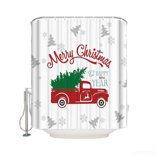 White Grey Tree Backdrop Red Truck Christmas Shower Curtain