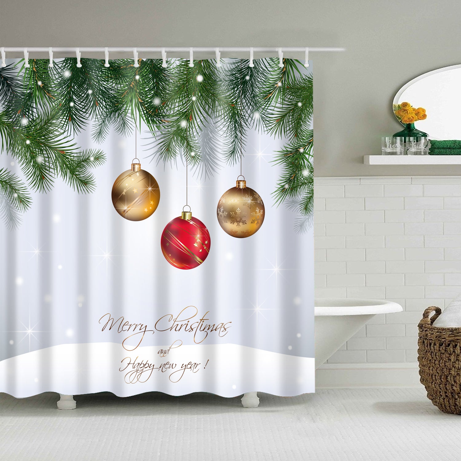 White Backdrop Hanging Christmas Baubles Shower Curtain