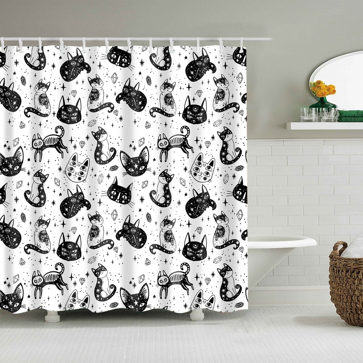 White Backdrop Seamless Black Cat Shower Curtain