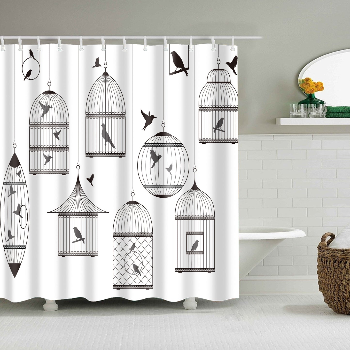 White Backdrop Various Kinds of Birds Birdcages Shower Curtain