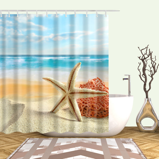 White Starfish Shower Curtain Orange Coral Seashell Beach Bathroom Curtains