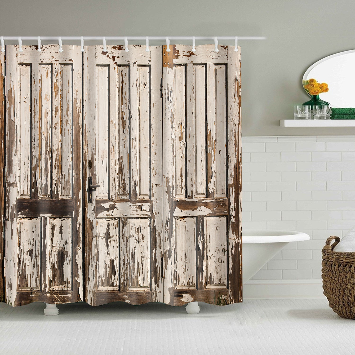 White Wooden Plank Rustic Barn Door Shower Curtain