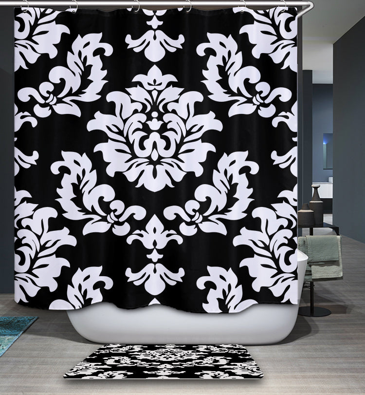 White and Black Floral Damask Shower Curtain