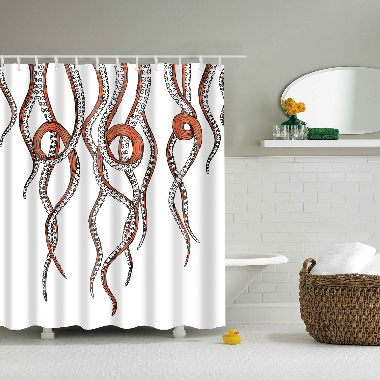 White and Orange Octopus Tentacles Shower Curtain