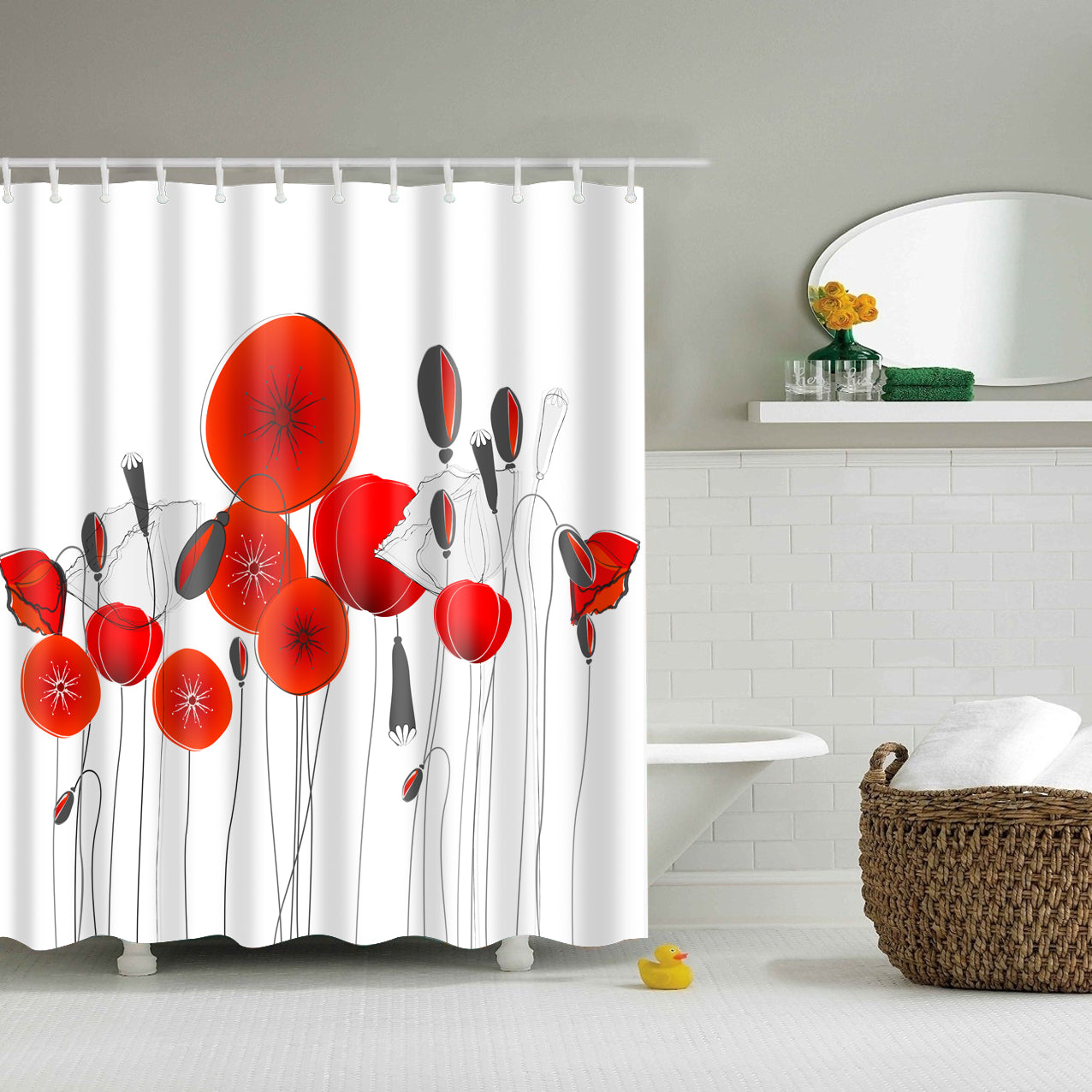White and Red Poppy Field Shower Curtain